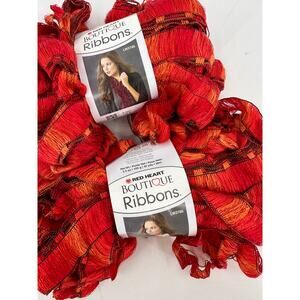 2 Red Heart Boutique Ribbons Yarn FIRE Orange Red Metallic New Old Stock
